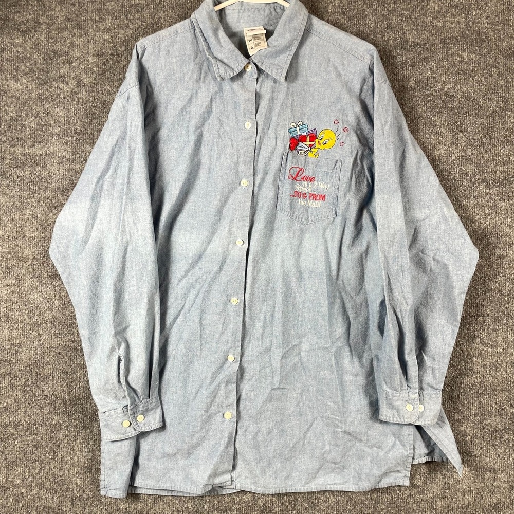 VTG Warner Bros Top Womens XL Blue Denim Button Up Tweety Embroidered 90s Pocket